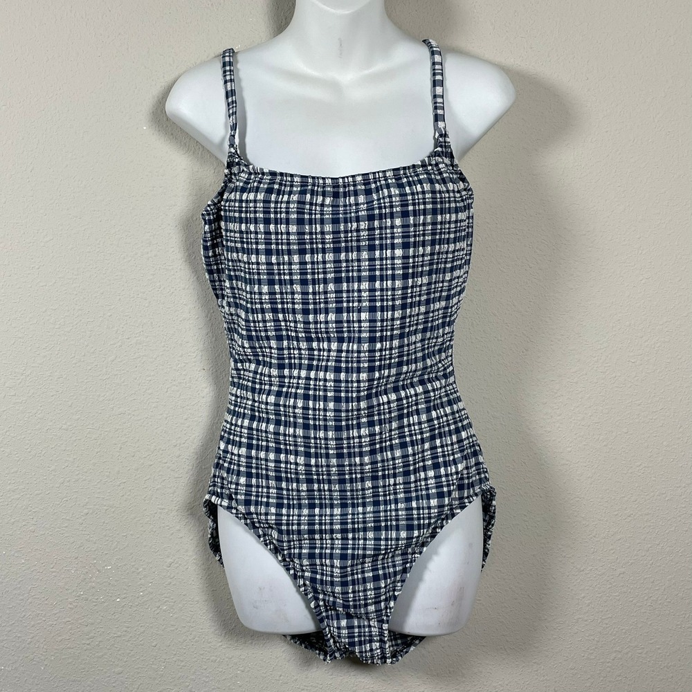 Talbots One Piece Swimsuit Womens 14L Blue‎ Gingham Seersucker Vintage Textured